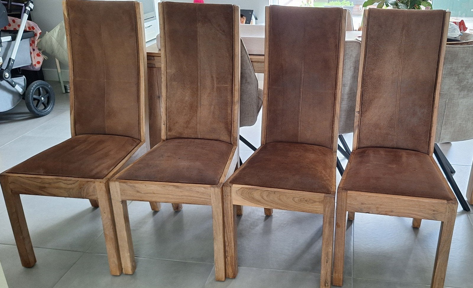 Henders en Hazel Batamba teakhouten stoelen met piloten leer, Huis en Inrichting, Ophalen, Gebruikt, Bruin, Leer