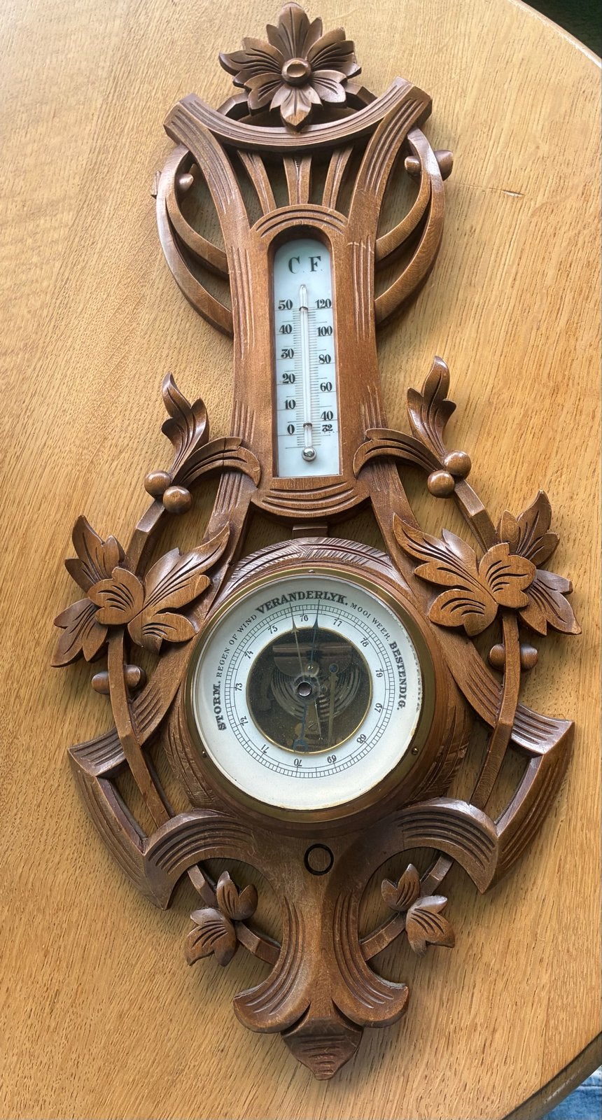 Antieke Barometer en Thermometer - Houtsnijwerk, Ophalen of Verzenden, Gebruikt, Barometer