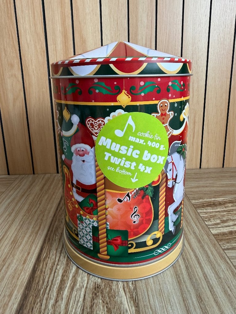 Kerst koektrommel rond met muziekdoos muziek doos, Diversen, Kerst, Ophalen of Verzenden, Zo goed als nieuw