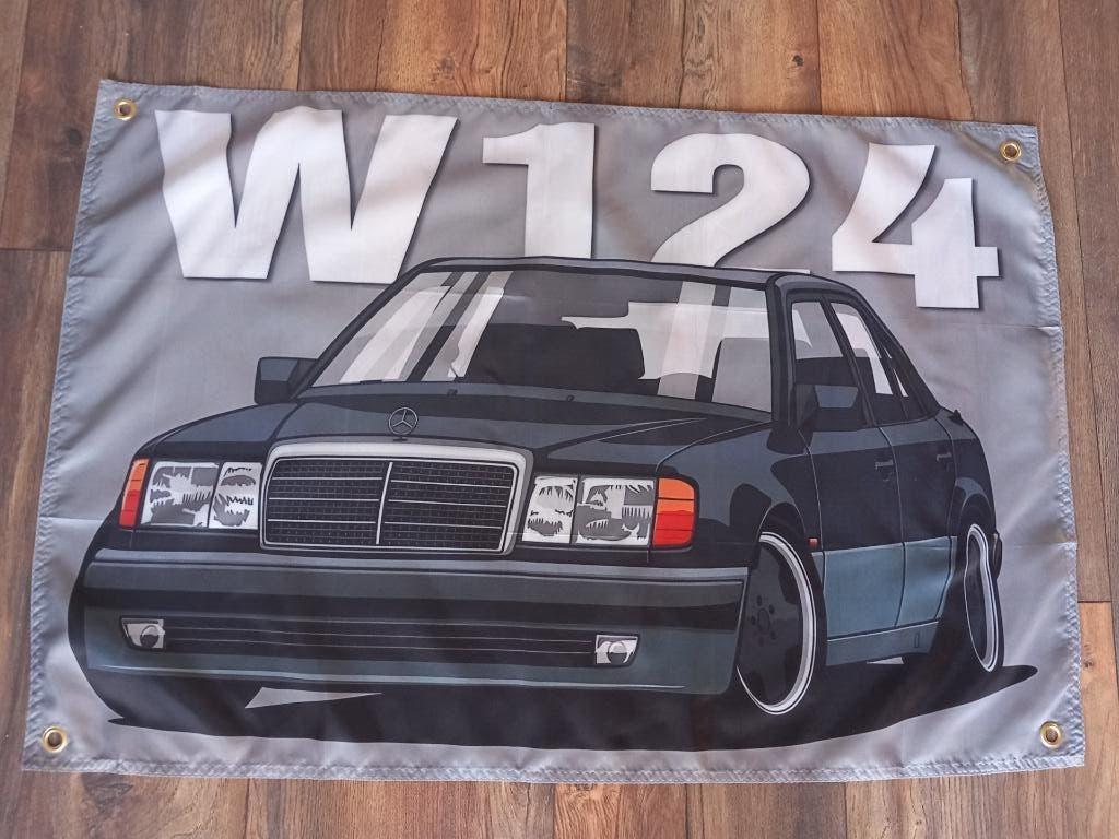 M BENZ W124 BANNER 60x90 CM ZELDZAAM MET BEVESTIGGINGS OGEN, Ophalen of Verzenden, Nieuw