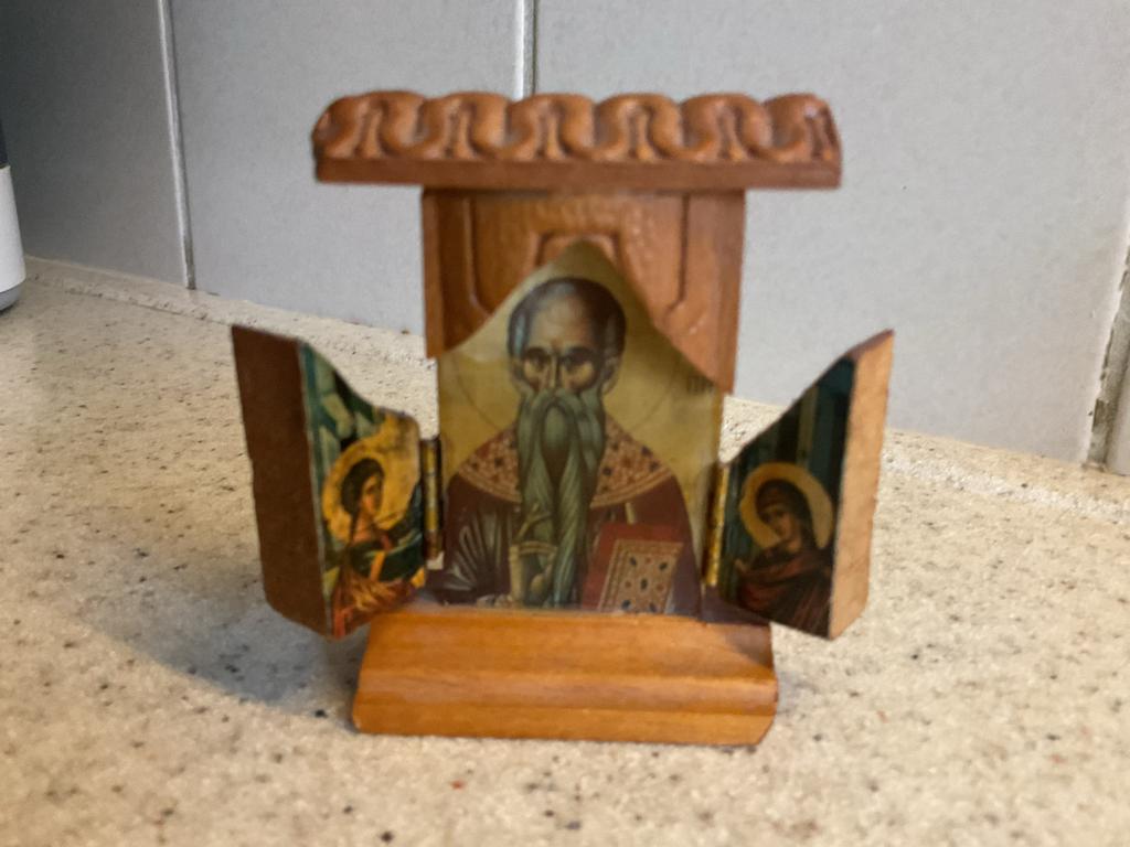 Kleine houten ikoon - Reisicoon met heiligen, Ophalen of Verzenden