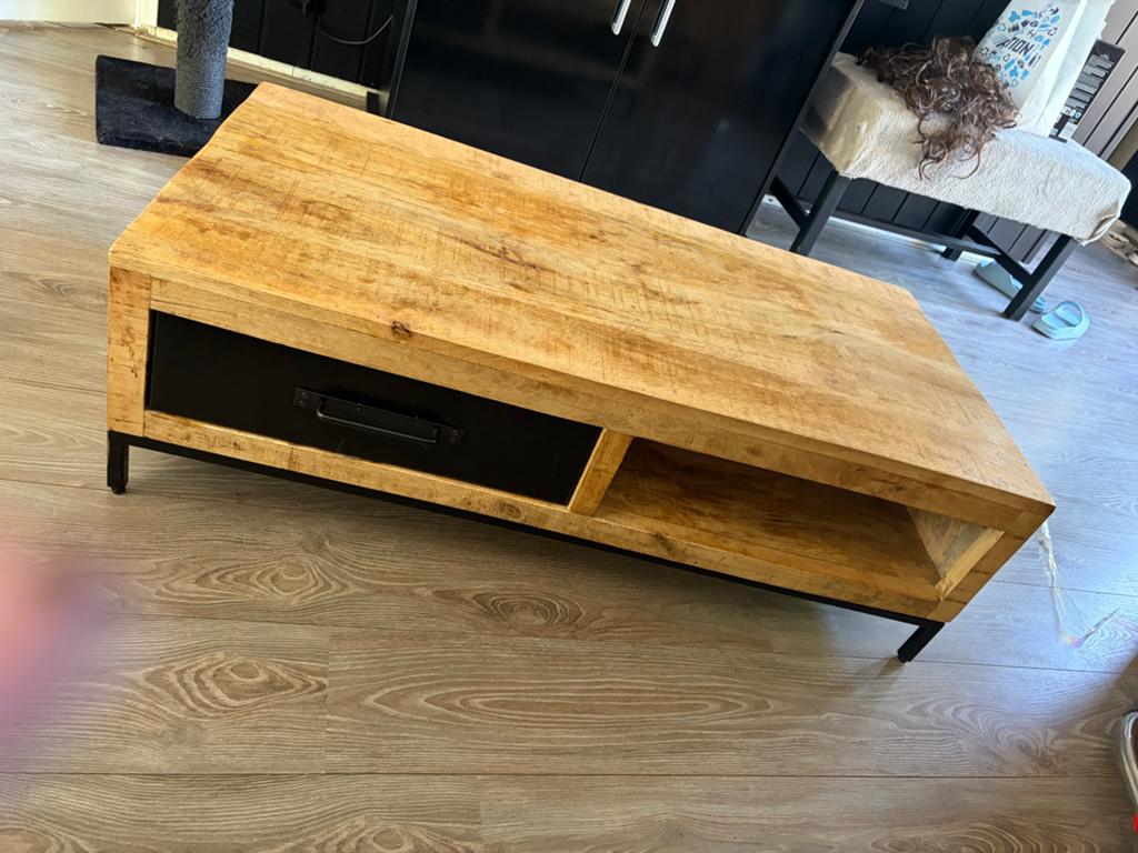 Salontafel van mangohout en metaal, Ophalen, Gebruikt, 100 tot 150 cm, 50 tot 100 cm