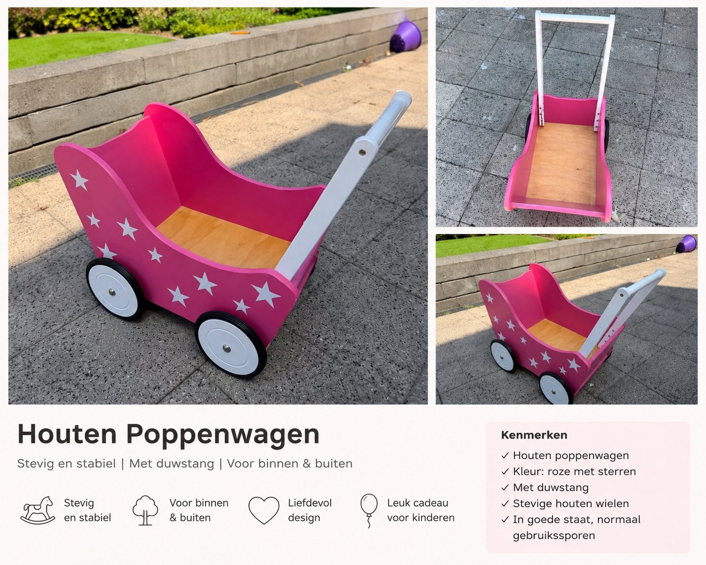 Roze houten poppenwagen met sterren, Ophalen, Gebruikt, Overige typen