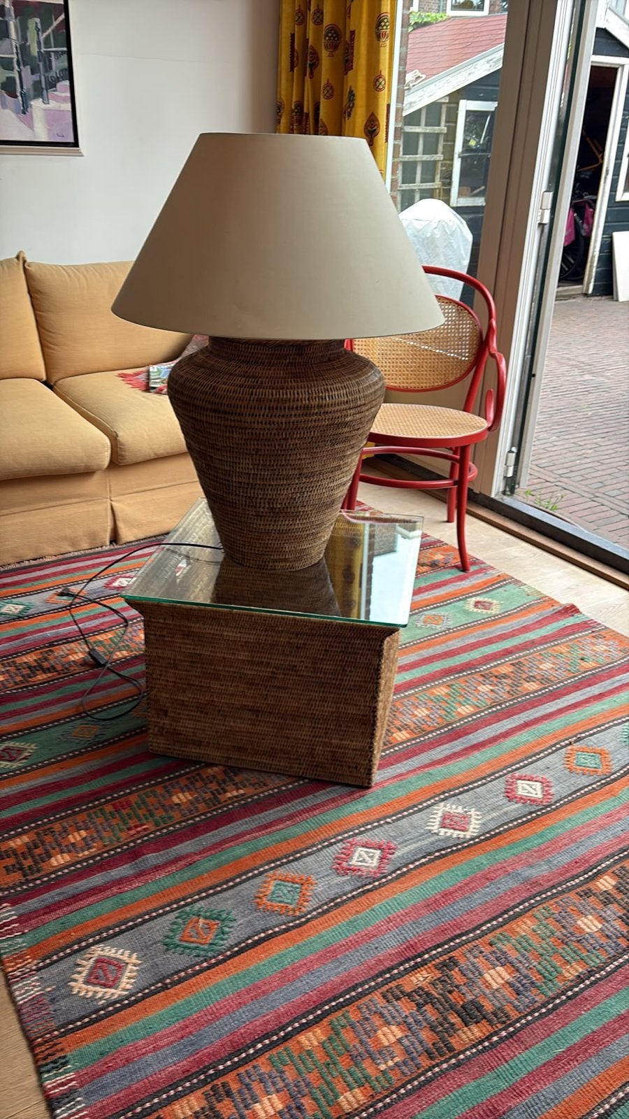 Rieten tafel en lamp - ook los van elkaar te koop, Huis en Inrichting, Tafels | Salontafels, Ophalen, Gebruikt, Vierkant, 50 tot 100 cm