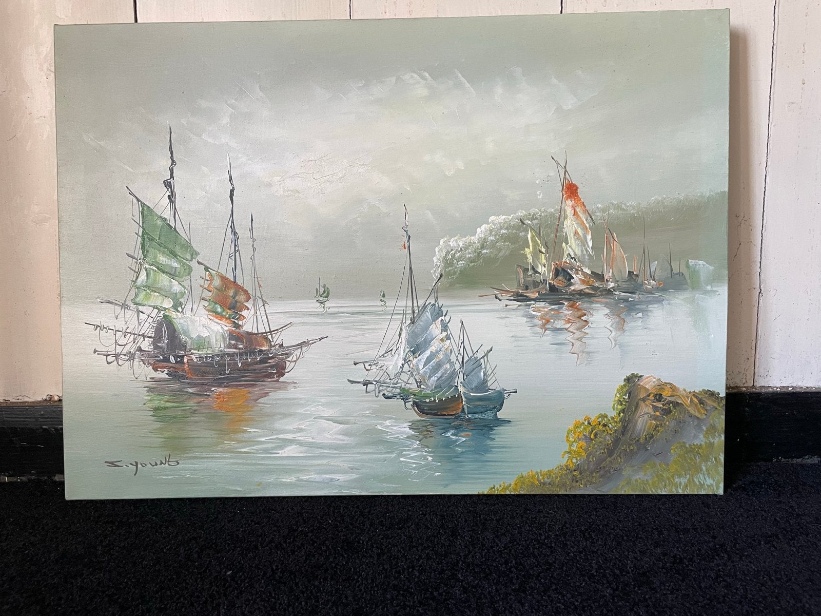 Olieverfschilderij Hongkong haven met jonken 45x55cm, Ophalen, Doek, Realistisch, Handgeschilderd