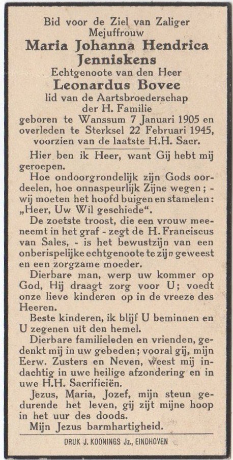 Maria J.H. Jenniskens 1905 Wanssum + 1945 Sterksel, 40 jaar, Verzenden