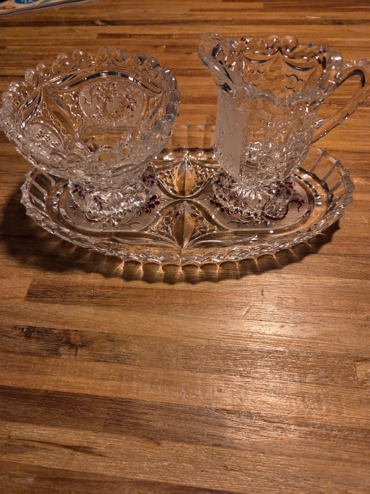 Vintage Glazen Suikerpot, Melkkan en Dienblad Set, Ophalen
