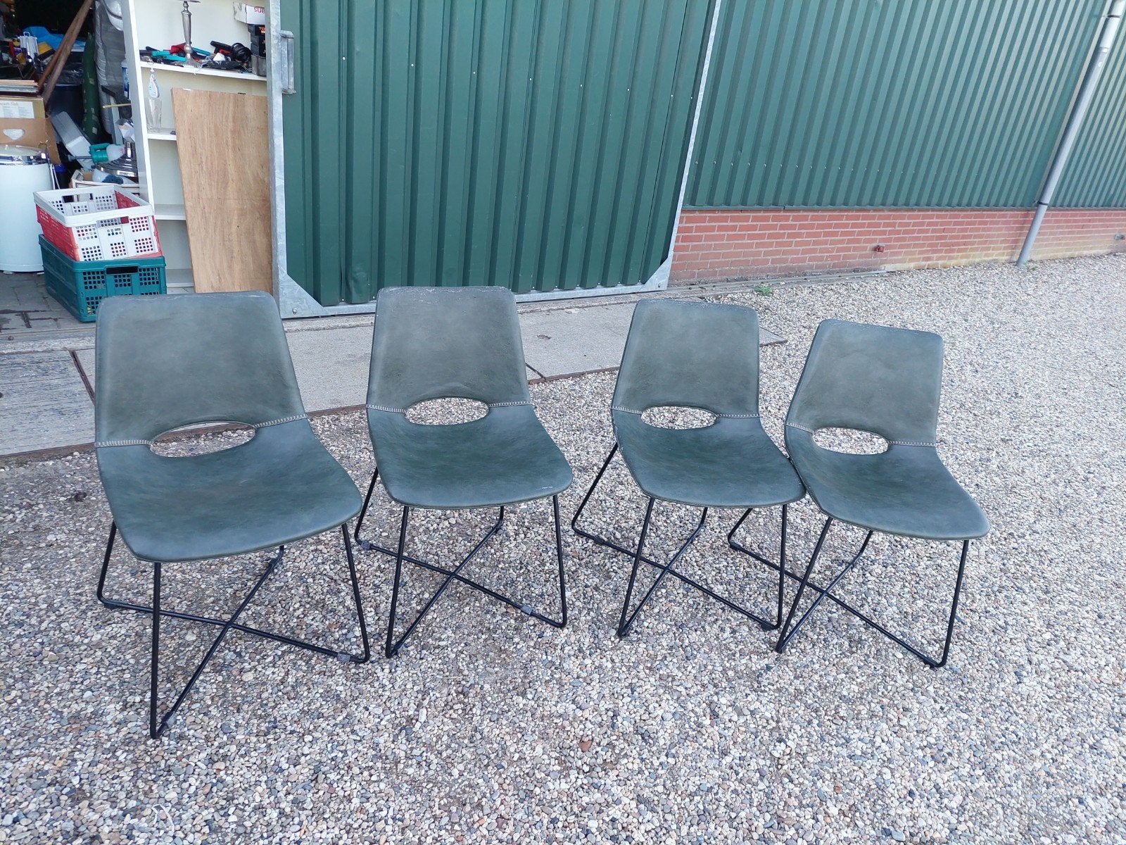 Leren eetkamerstoelen 4x groen, Huis en Inrichting, Stoelen, Ophalen, Gebruikt, Overige kleuren, Vier