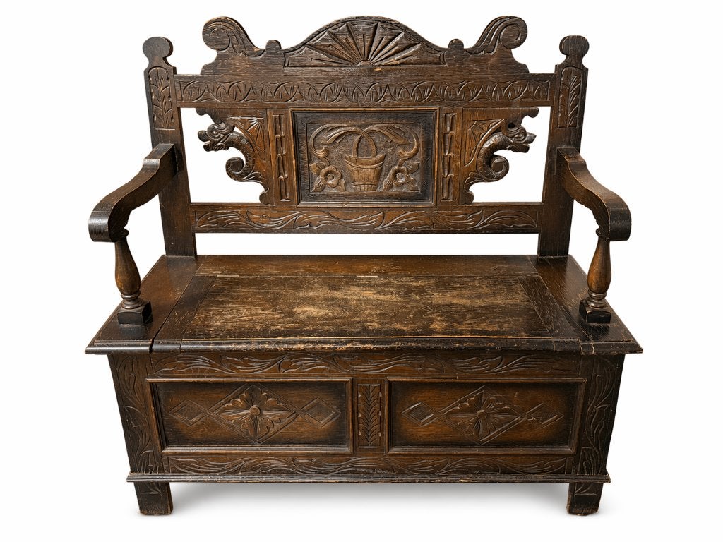 Antieke houten halbank met prachtig houtsnijwerk, Antiek en Kunst, Ophalen