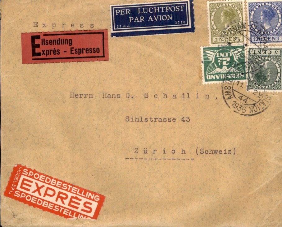 Amsterdam - Zurich - Expres - Frankering - 1936, Ophalen of Verzenden, Envelop