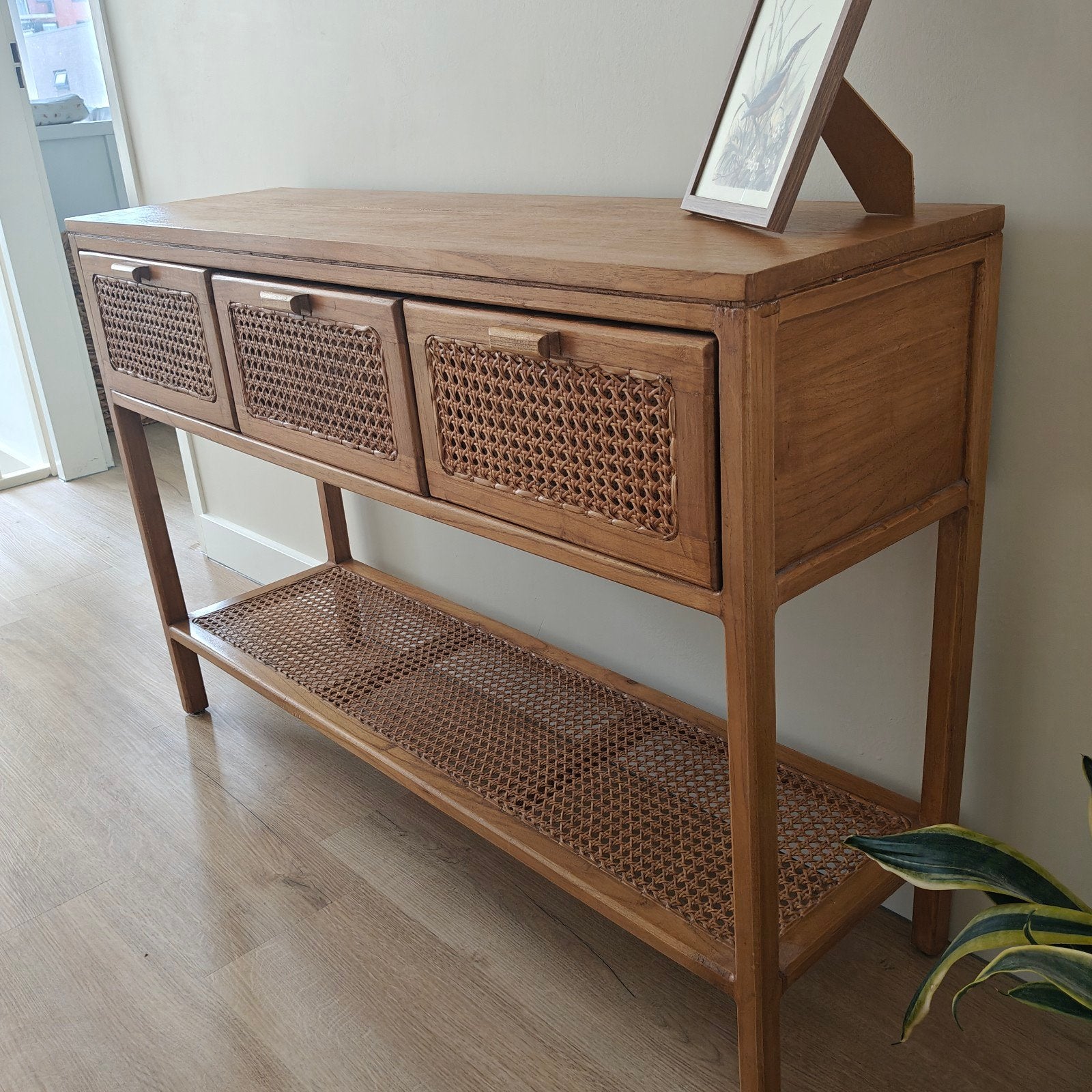 Houten sidetable met rotan lades - 120cm breed, Huis en Inrichting, Tafels | Bijzettafels, Ophalen of Verzenden, Zo goed als nieuw