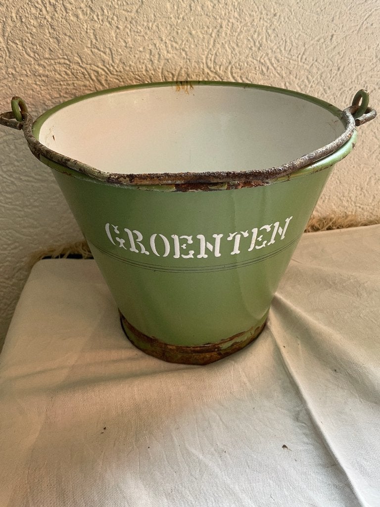groene emaille groente-emmer, Ophalen