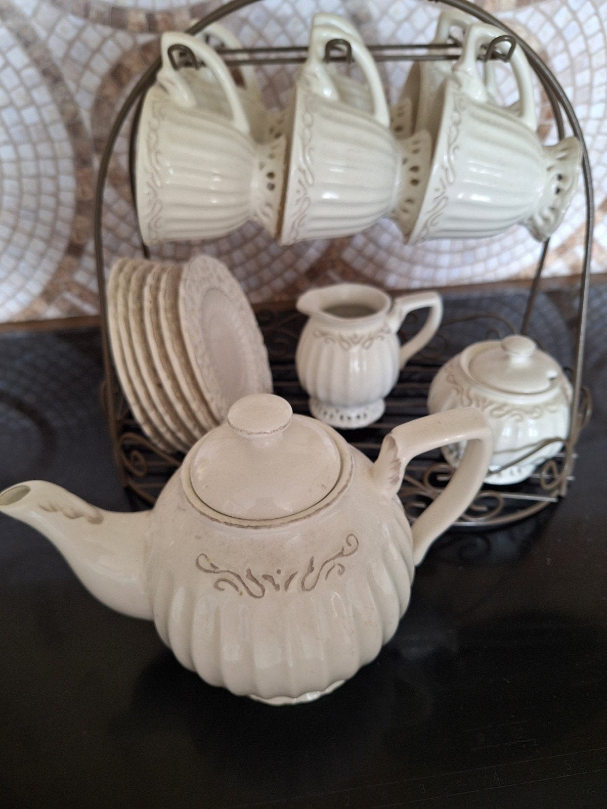 Compleet theeservies met standaard - Vintage stijl, Overige merken, Keramiek, Vintage, Ophalen of Verzenden