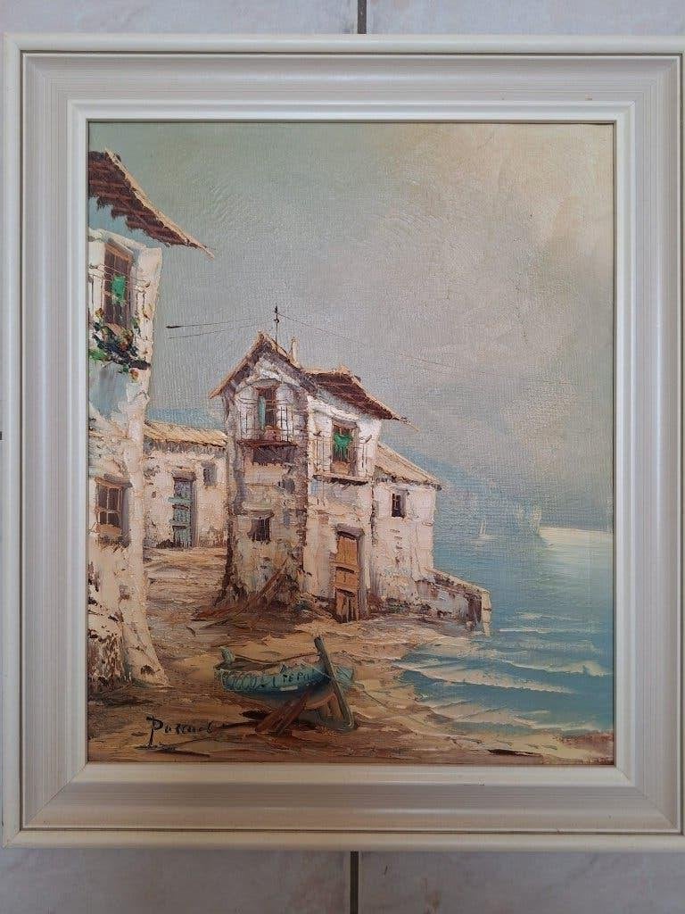 3 olieverf schilderijen Spaanse zeegezichten, Antiek en Kunst, Kunst | Schilderijen | Klassiek, Doek, Realistisch, Ophalen of Verzenden