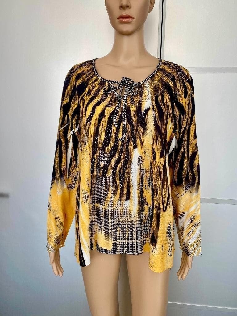 H454 Missy: maat L=40 blouse tuniek top geel/wit zwart, Maat 38/40 (M), Geel, Missy, Ophalen of Verzenden
