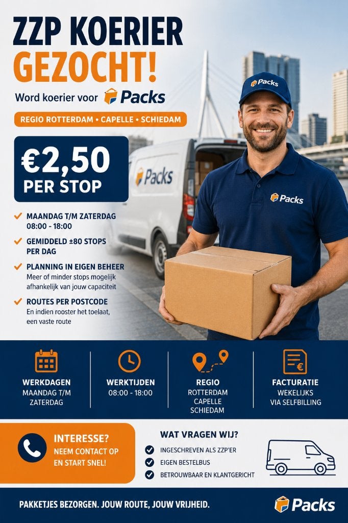 Gezocht ZZP koerier met eigen bus, 33 - 40 uur, Overige niveaus, Starter, Freelance of Uitzendbasis