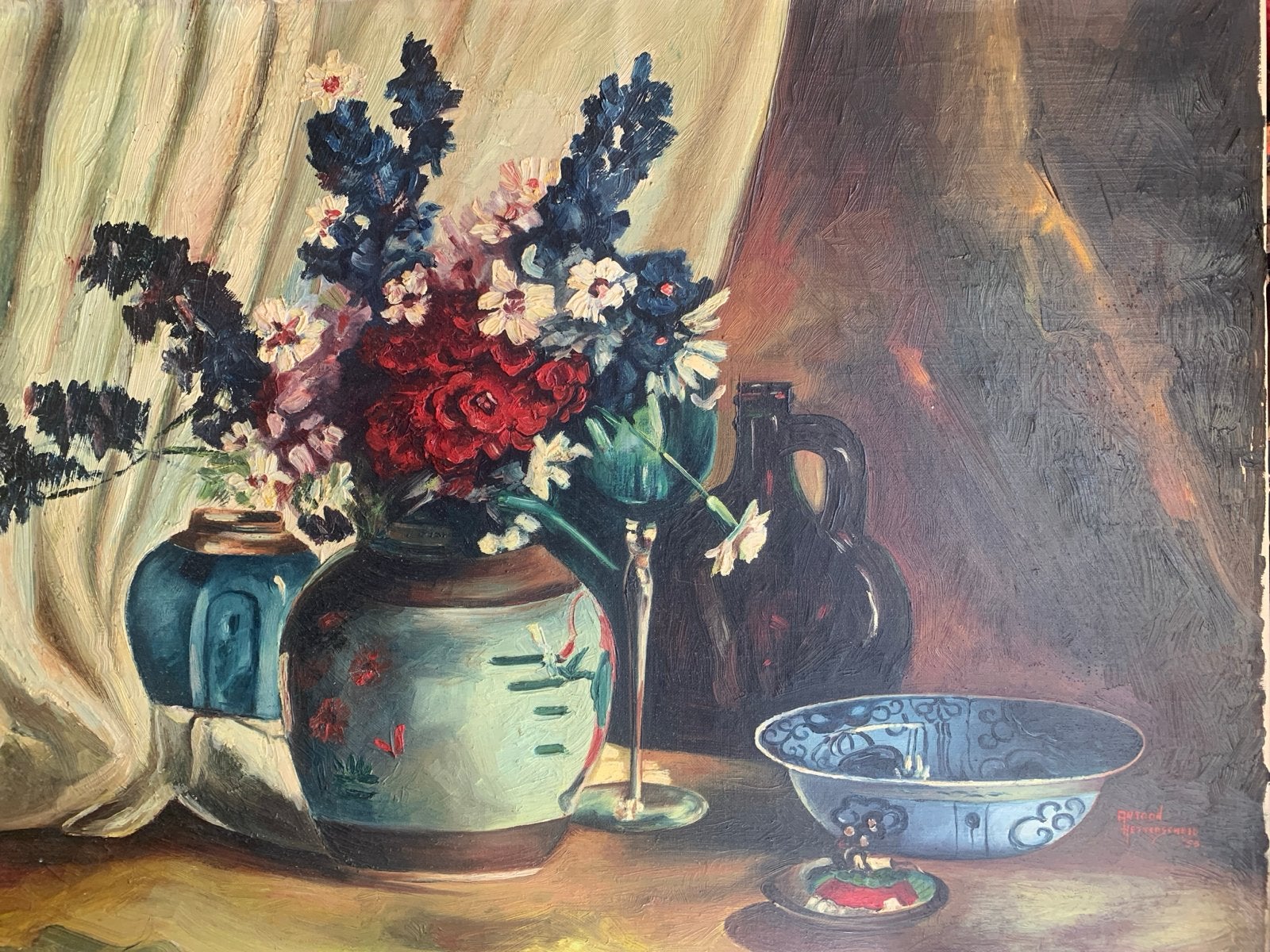 Stilleven met bloemen en Delfts blauw door Antoon Hettersche, Antiek en Kunst, Gedateerd, Doek, Realistisch, Stilleven