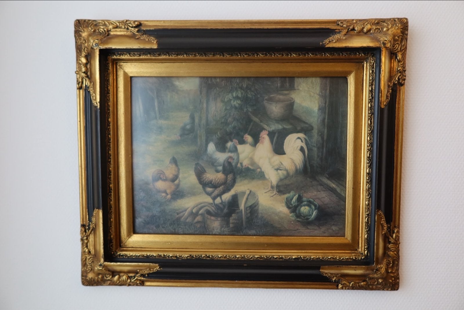 Klassiek schilderij met kippen en haan in sierlijke lijst, Ophalen, Doek, Dieren, Olieverf