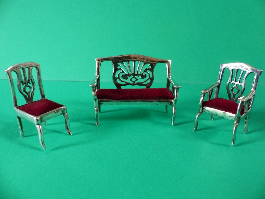 Mooi Zilveren Bankstel- Bankje met 2 Stoelen - Miniatuur, Verzenden, Zilver