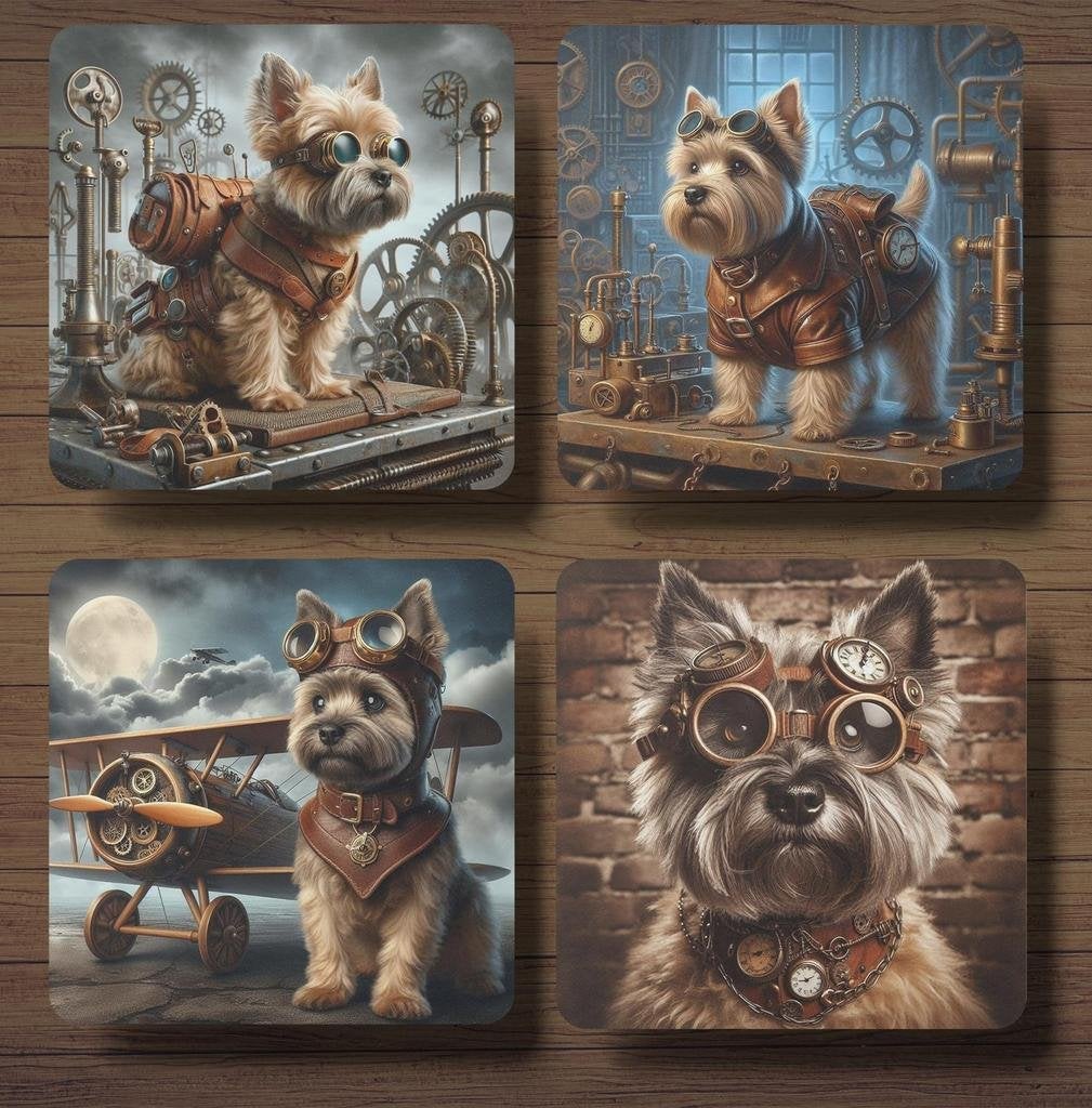 Cairn Terriër Steampunk onderzetters met houder, Ophalen of Verzenden, Nieuw