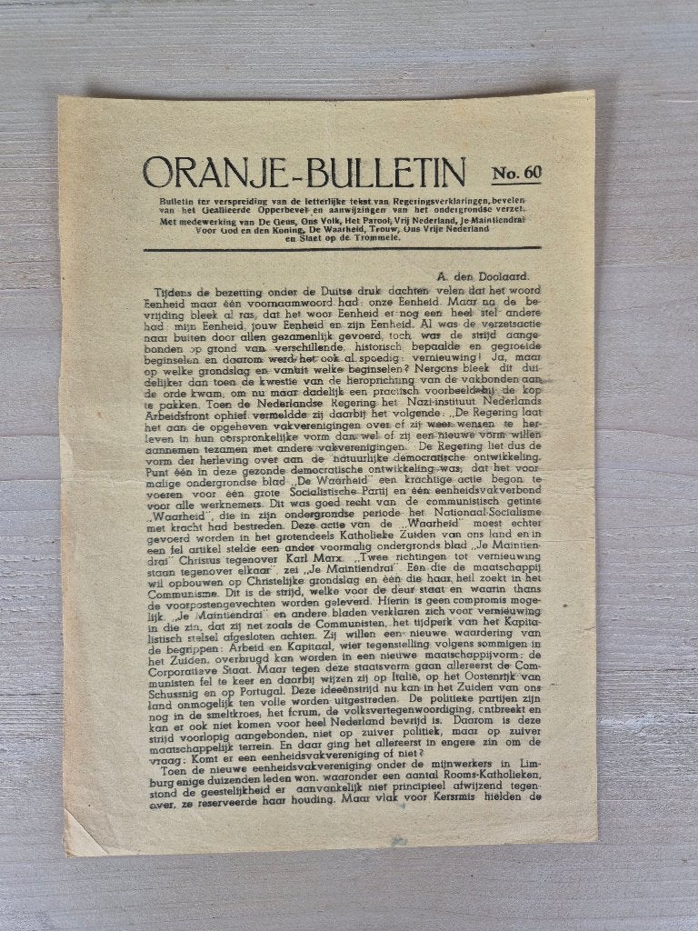 Illegale pers verzetskrant Oranje Bulletin No.60, feb 1945, Ophalen of Verzenden, Nederland, Overige typen