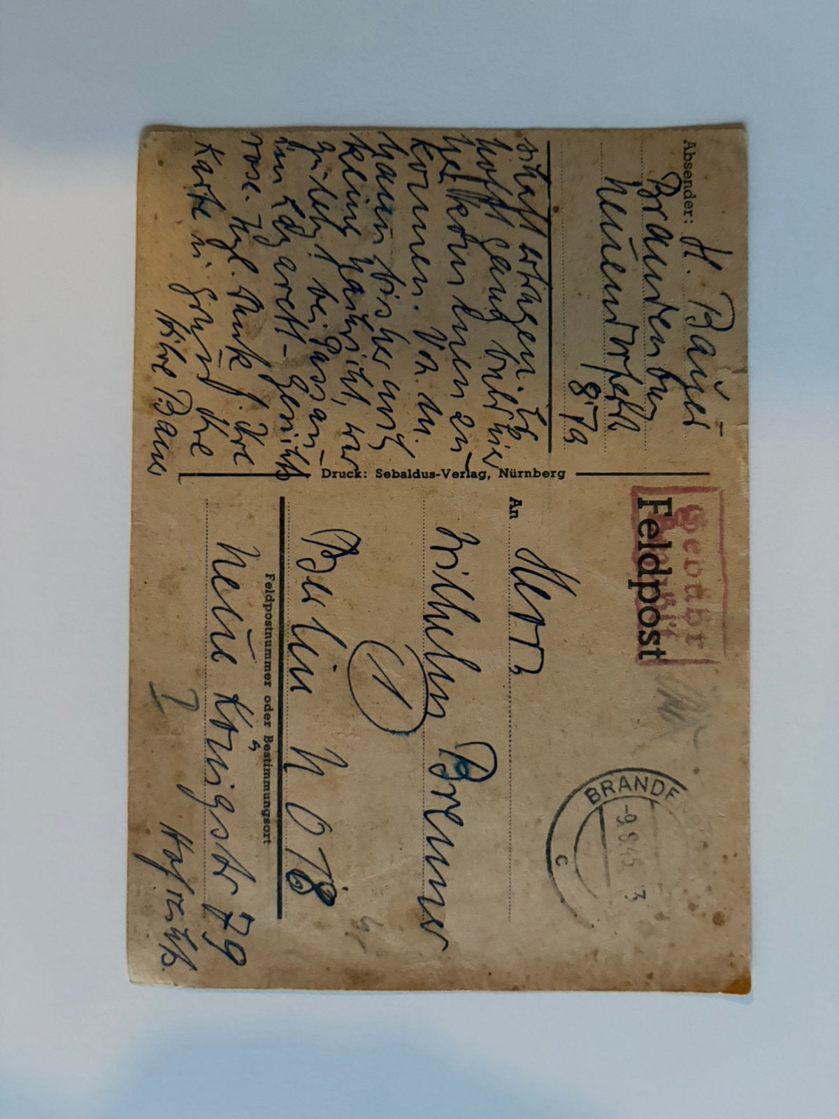 Feldpost 9.8.1945 over gevangenschap, Ophalen of Verzenden, Briefkaart