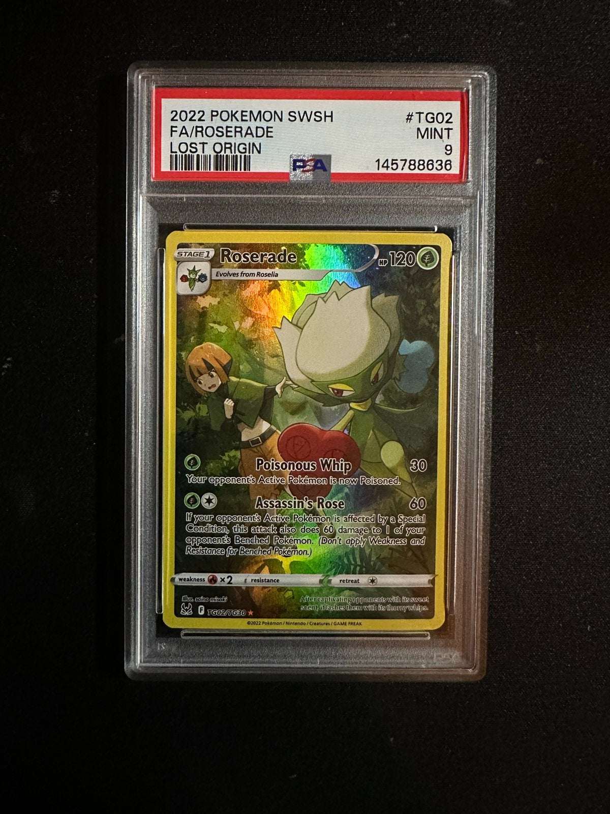 Pokemon Roserade TG02 Lost Origin PSA 9 Mint, Ophalen, Zo goed als nieuw, Losse kaart