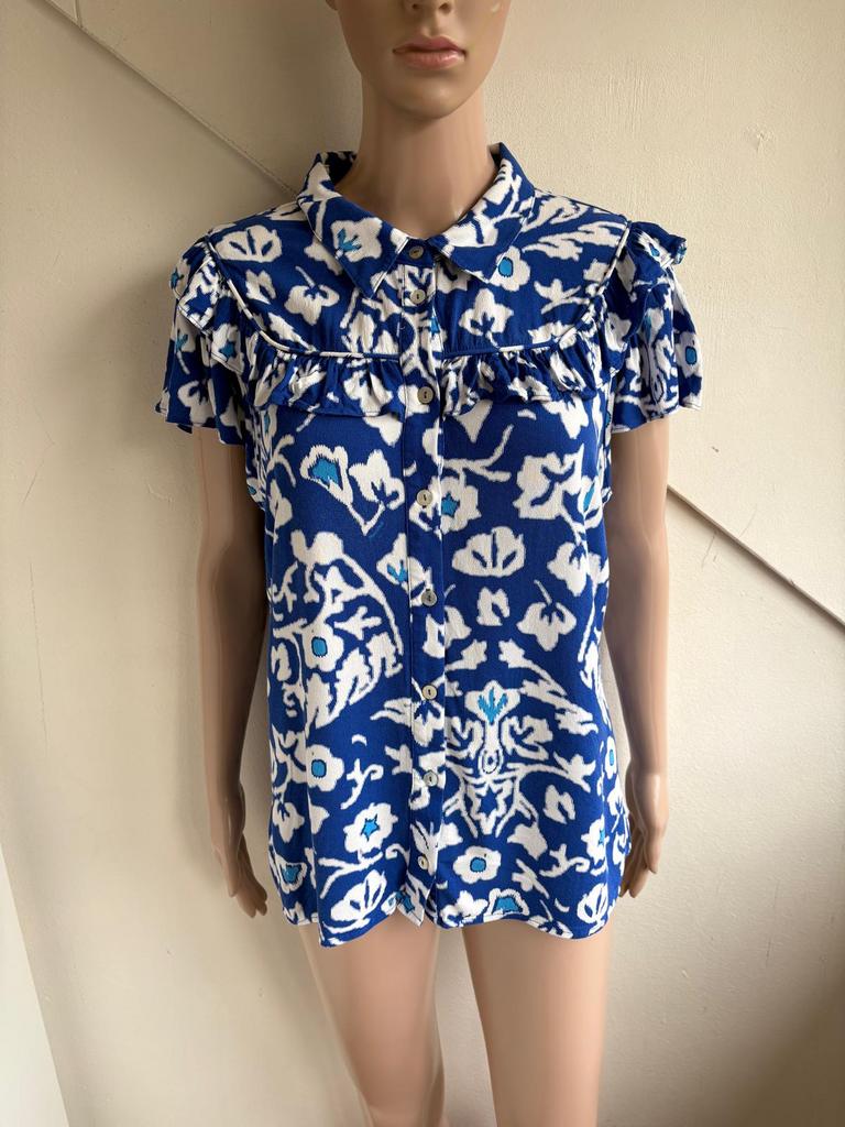 Tramontana blouse maat 42 korte mouwen roezels blauw wit, Ophalen of Verzenden, Zo goed als nieuw, Maat 42/44 (L), Blauw