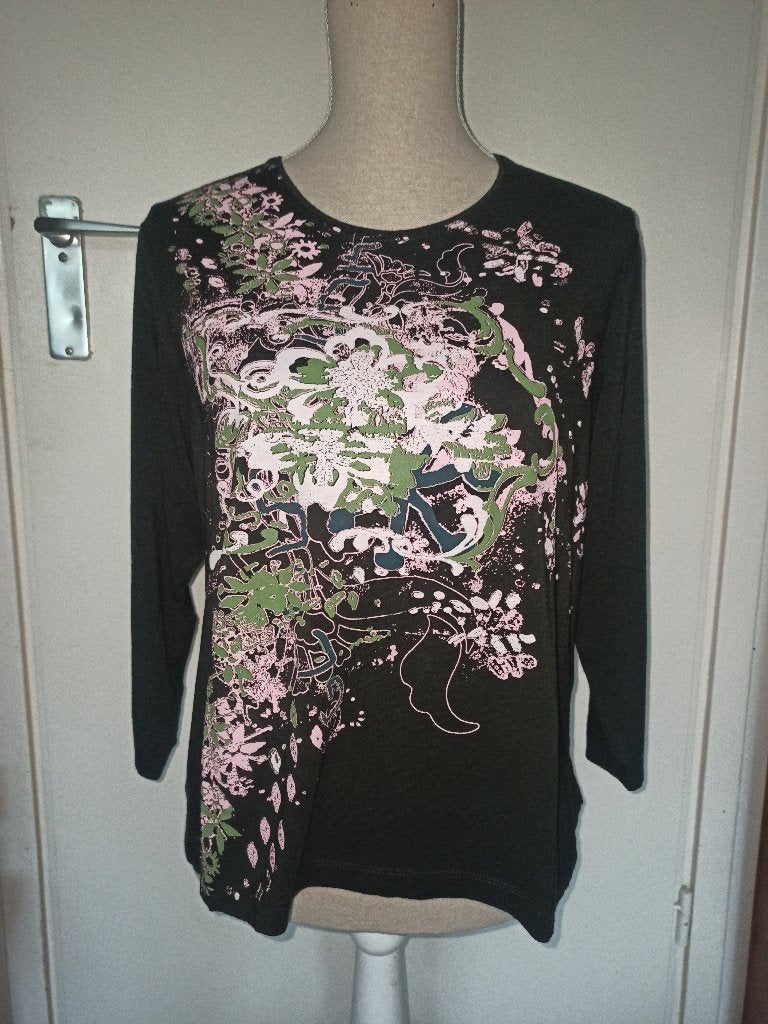 Trendy donkergroen longsleeve shirt met print van FSR mt 44, Kleding | Dames, Verzenden, Maat 42/44 (L), Zo goed als nieuw, Korte mouw