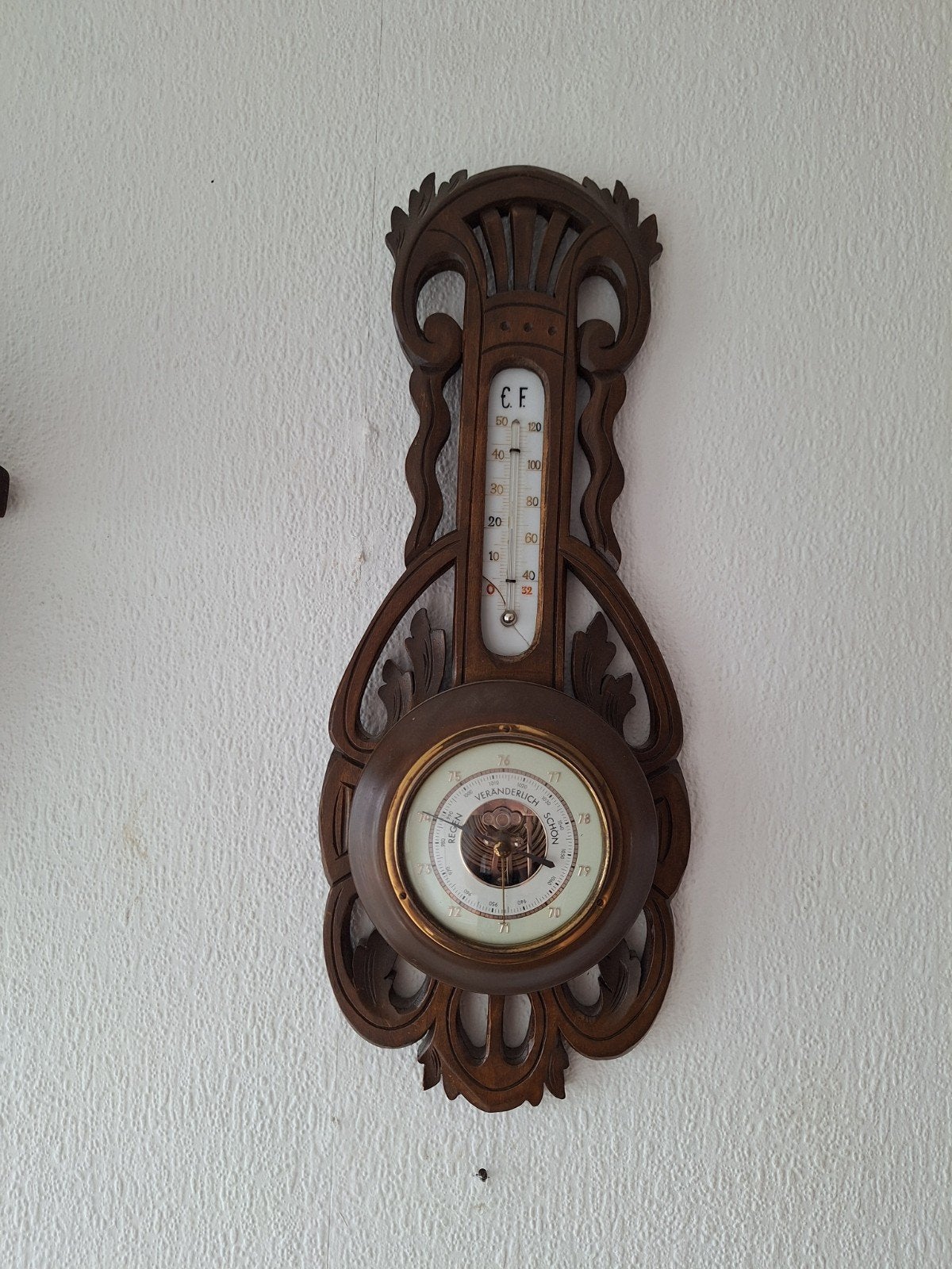 Antieke Barometer en Thermometer - Houtsnijwerk 43 cm, Ophalen of Verzenden, Gebruikt, Weerstation