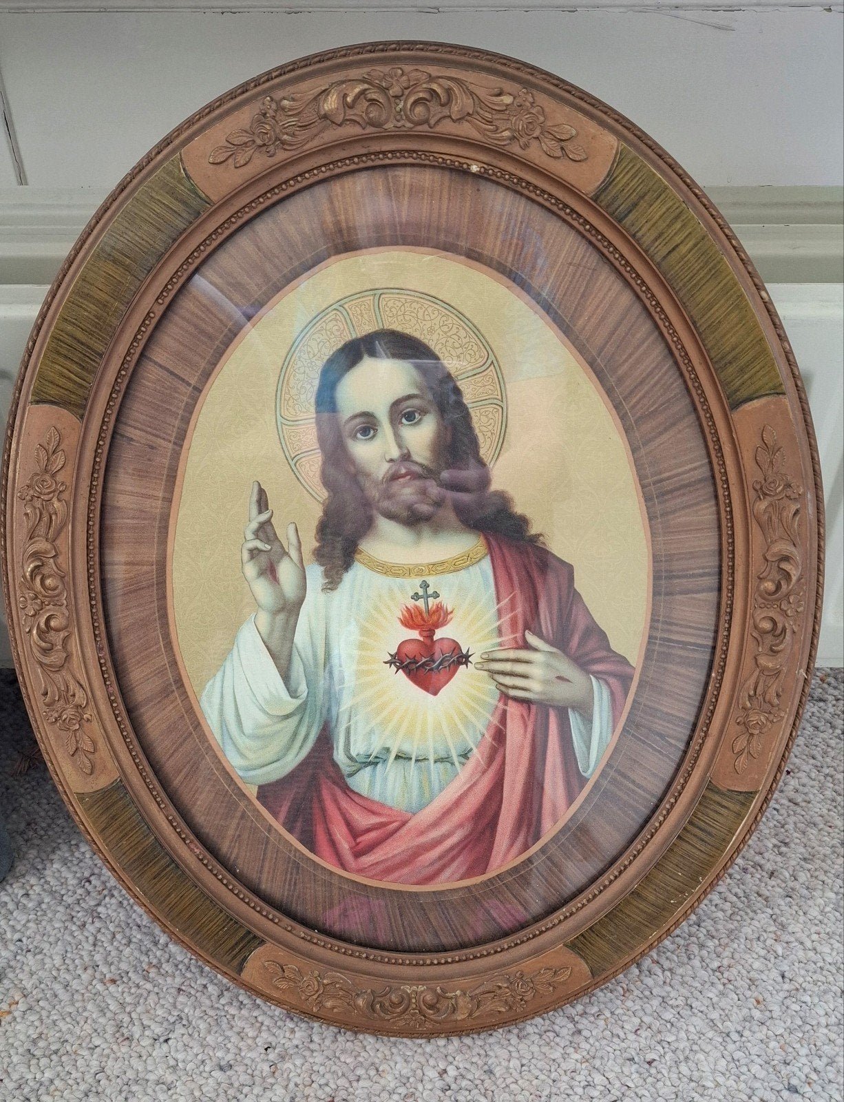 Vintage Heilig Hart van Jezus Ovaal Schilderij, Ophalen