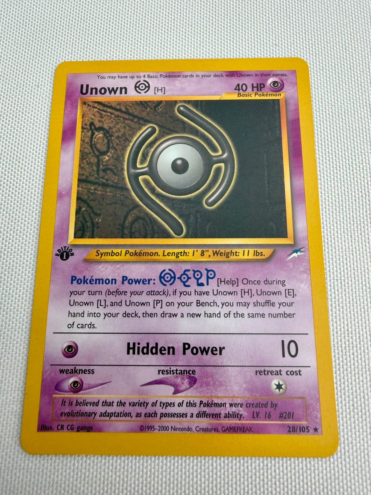 1st Edition Unown H 28/105 Neo Destiny Pokémon Kaart, Ophalen of Verzenden, Zo goed als nieuw, Losse kaart