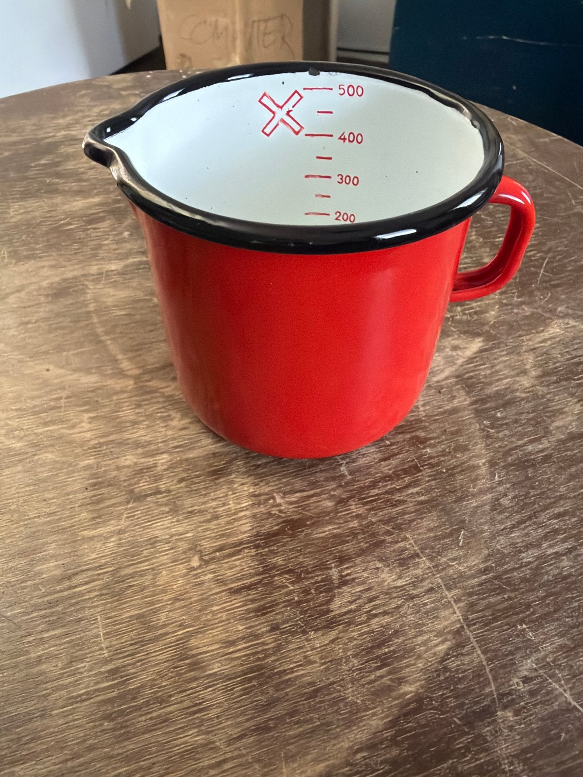 Vintage franse Japy rode emaille maatbeker - 500 ml - 9cm, Antiek en Kunst, Antiek | Emaille, Ophalen of Verzenden