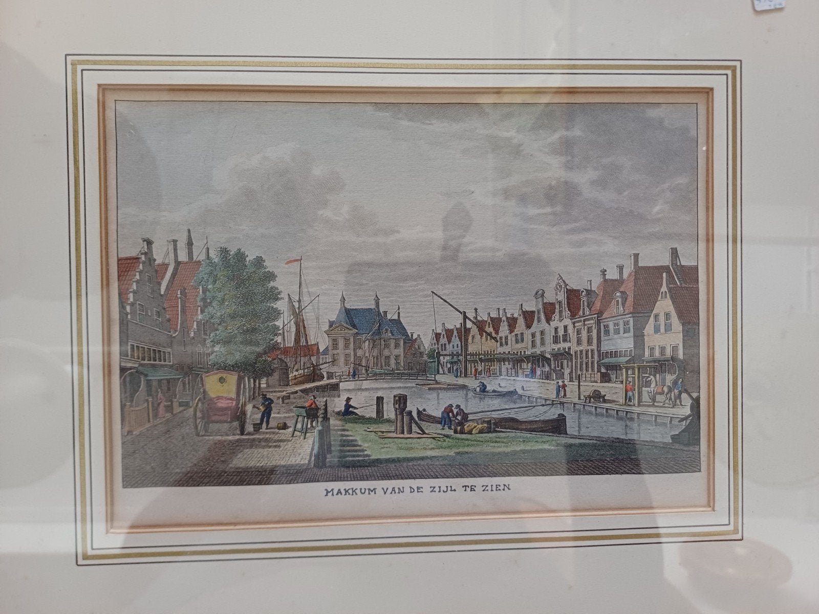 Antieke prent Makkum van de Zijl te zien, handgekleurd, Antiek en Kunst, Ophalen of Verzenden