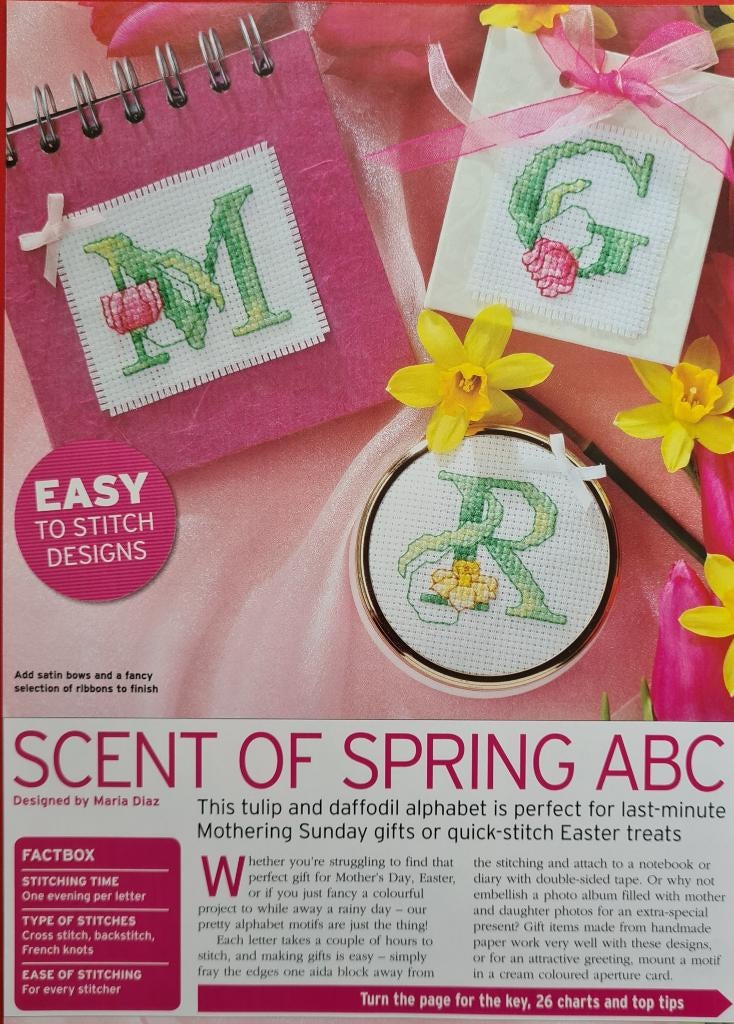 Narcissen en tulp alfabet borduurpatroon, Ophalen, Nieuw, Handborduren, Patroon