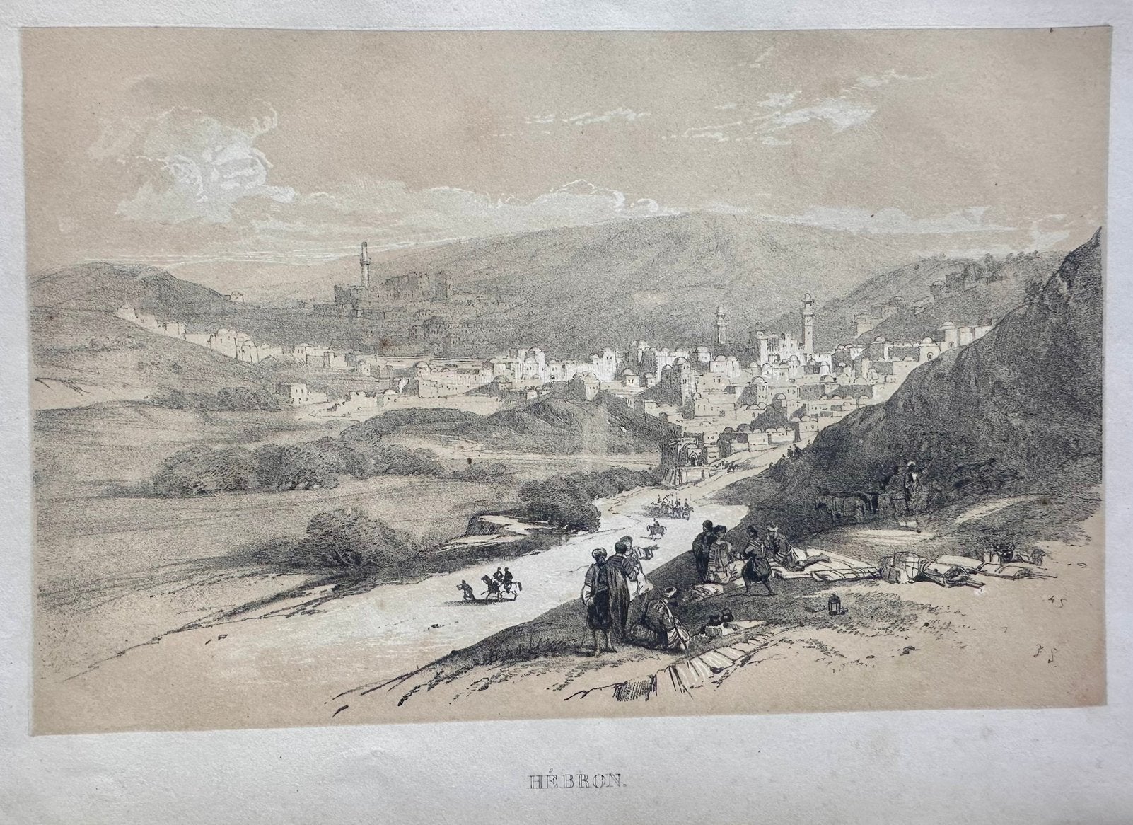 Zicht op Hebron, orig.uit The Holy Land David Roberts., 1850, 1800 - 1899, Verzenden, Stadsgezicht, Blanco verso