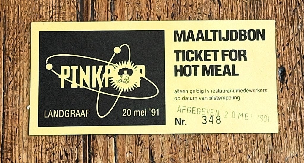 PINKPOP 20 mei 1991 = maaltijdbon = medewerkers=artiesten, Ophalen of Verzenden, Zo goed als nieuw, Foto of Kaart
