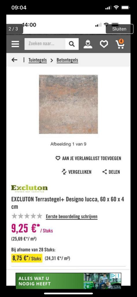 Excluton Terrastegel+ Designo Lucca 60x60x4 cm, Ophalen of Verzenden, Nieuw, Beton, Terrastegels