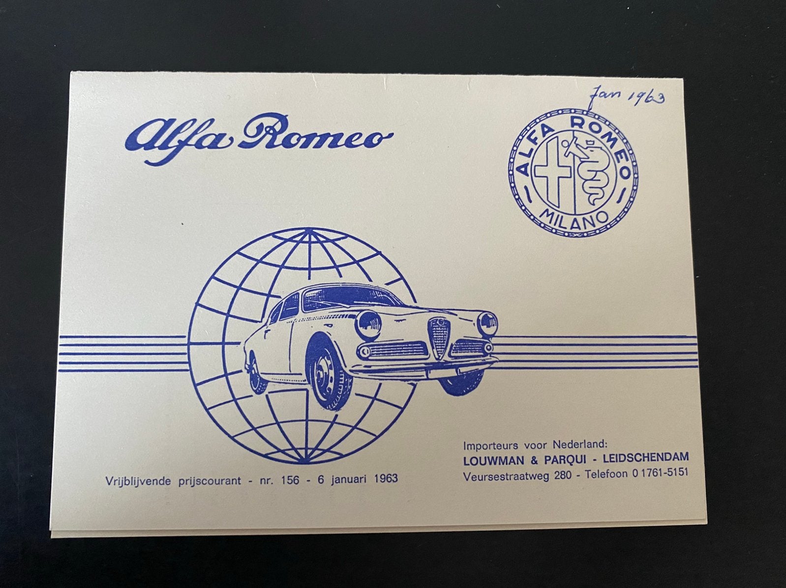 Alfa Romeo prijslijst Nr. 156   06-01-1963, Verzenden, Zo goed als nieuw, Alfa Romeo