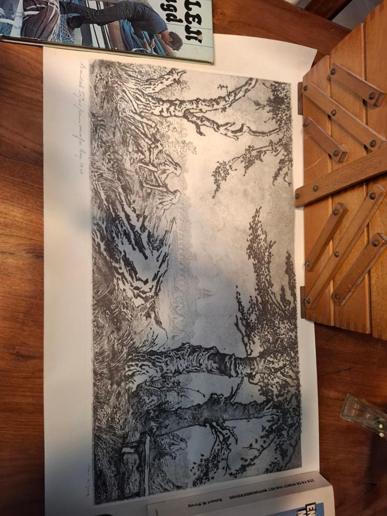 Ets van Toon de Jong: Landschap met bomen en brug, Ets, Ophalen of Verzenden, Landschap, Origineel