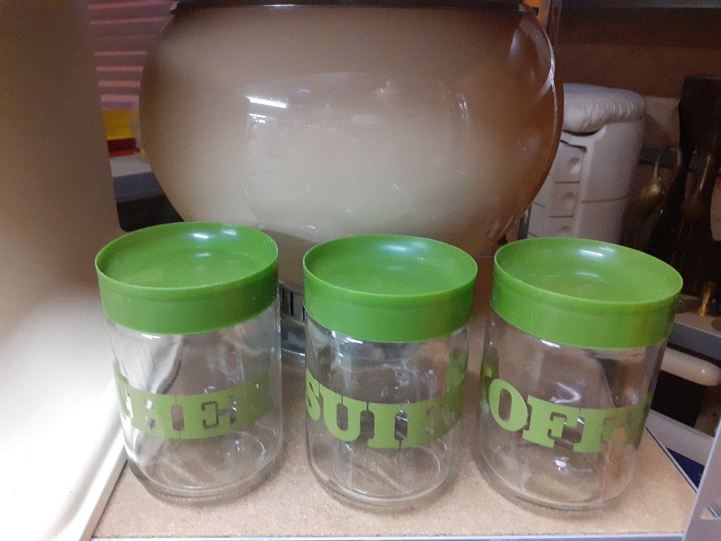 3 opberg potten glas kunststof deksel retro jaren 70 design, Gebruikt, Pot, Bus of Blik, ?, Glas