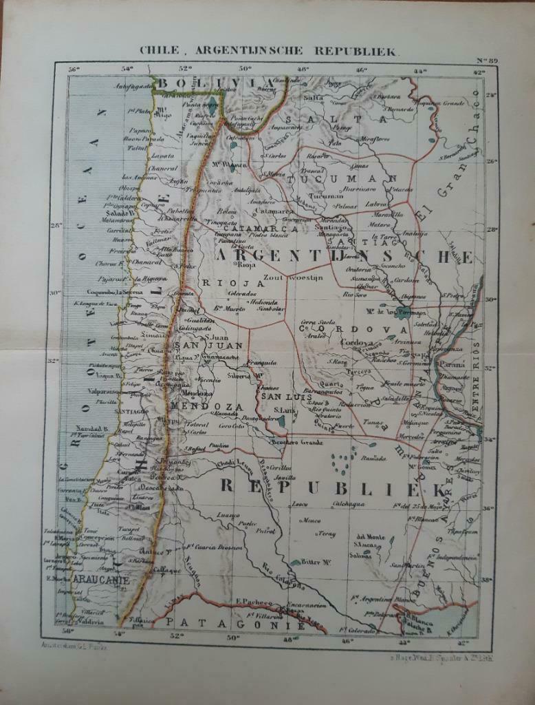 89 / Litho uit 1882 van J. Kuyper met Chili Argentinië, Antiek en Kunst, Ophalen of Verzenden