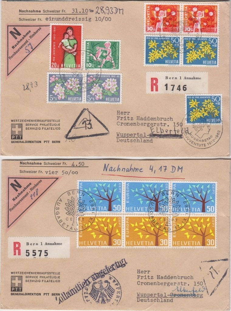 Zwitserland 2 speciale Nachnahme brieven met series 1962, Postzegels en Munten, Brieven en Enveloppen | Buitenland, Ophalen of Verzenden