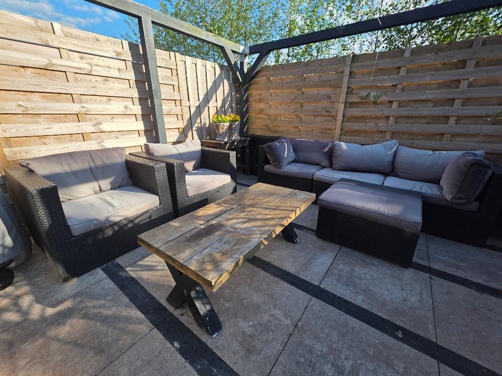 Loungeset, Tuin en Terras, Tuinsets en Loungesets, Gebruikt, Loungeset, Kunststof, 5 zitplaatsen, Bank, Bijzettafel, Hocker, Stoel