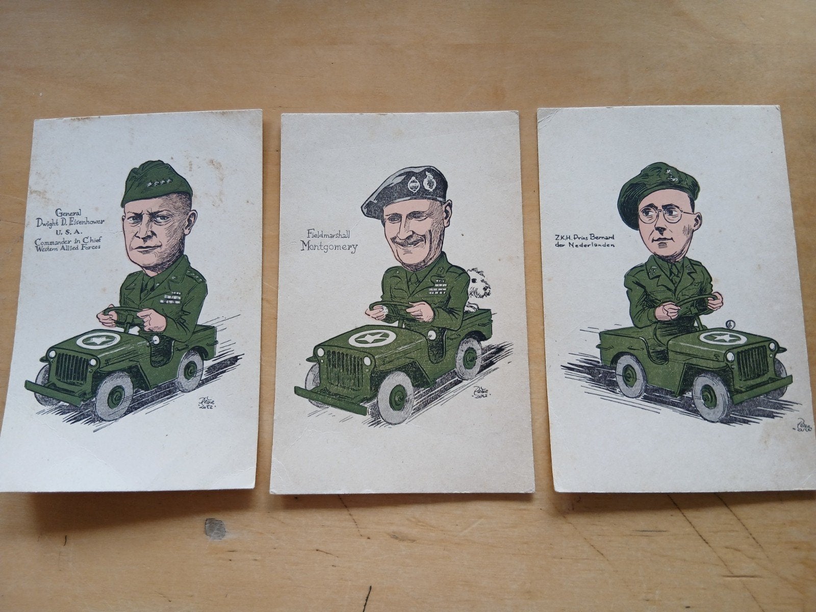 Set van 3 historische karikaturen: Eisenhower etc, Gebruikt, Verzenden, Voor 1940, Prent