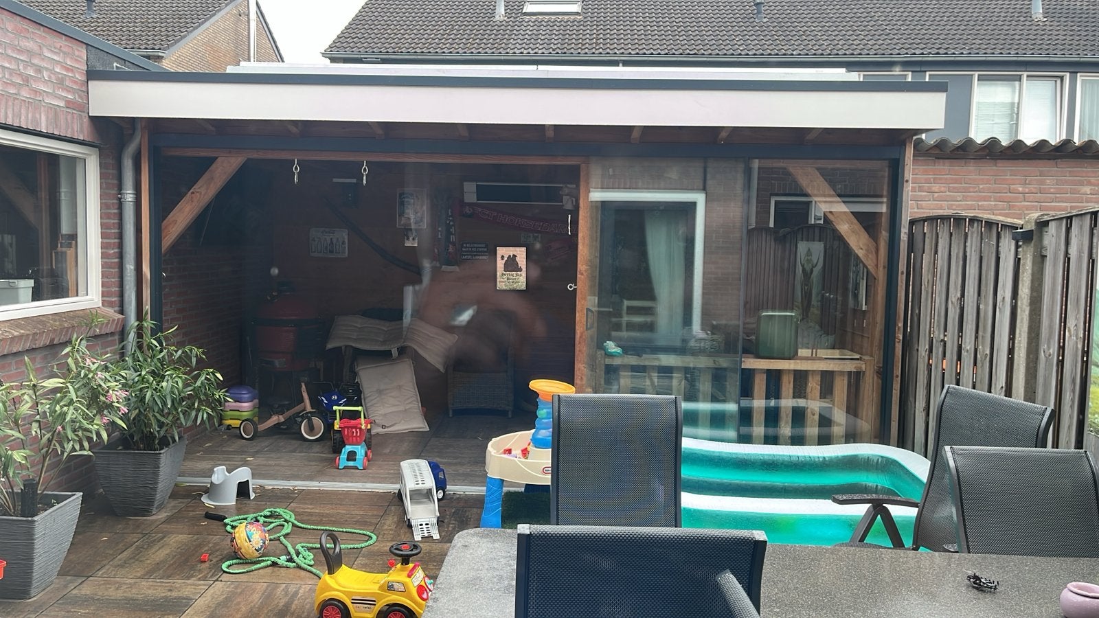 Douglas overkapping 3x5 en Glazen Schuifdeuren, Ophalen, Gebruikt, Veranda