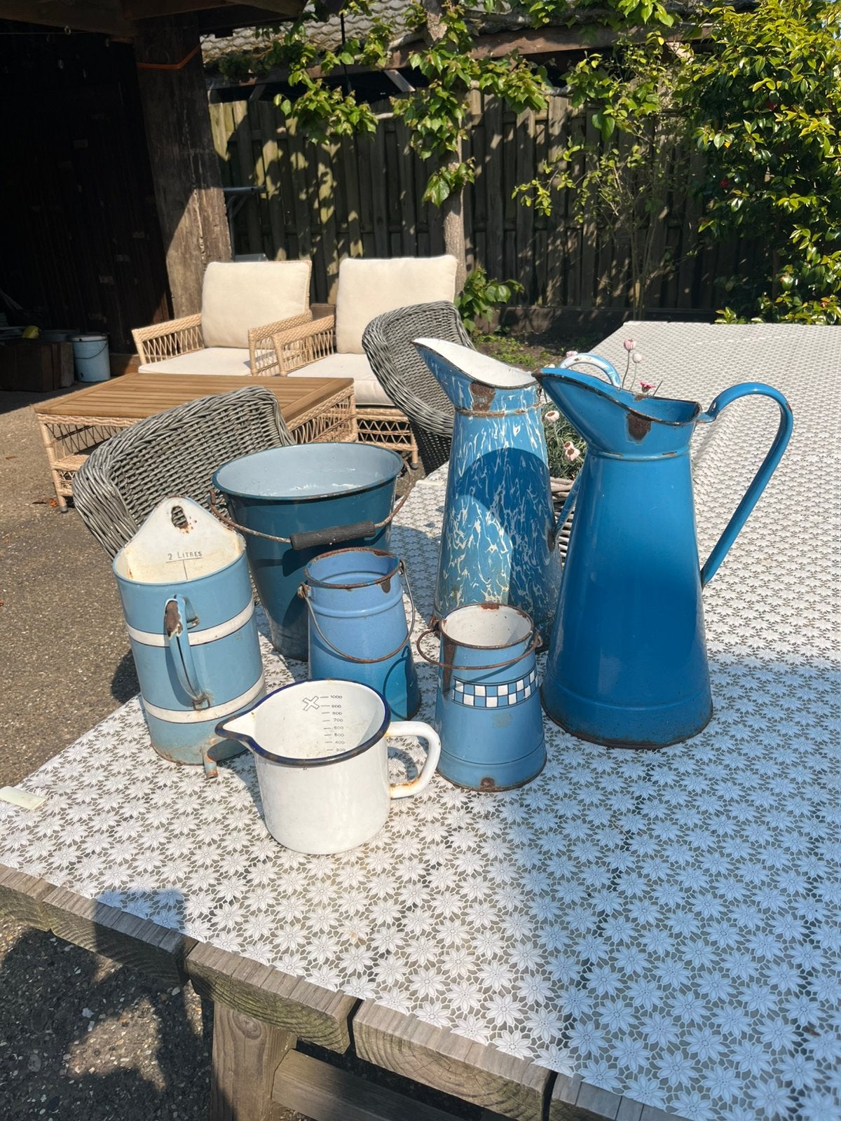 Brocante Blauwe Emaille Kannen set, Ophalen