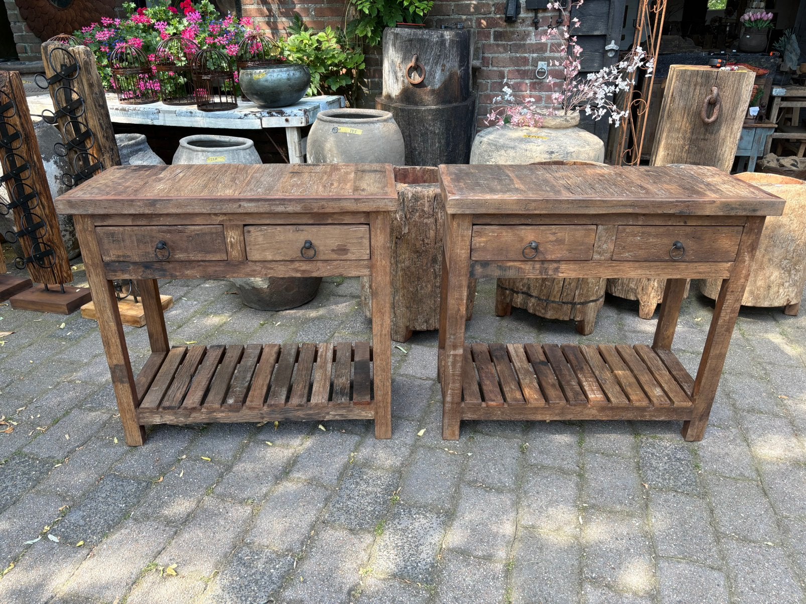 Stoere sidetable van oud Railwood, Huis en Inrichting, Tafels | Sidetables, Ophalen, 100 tot 150 cm, Teakhout, Zo goed als nieuw