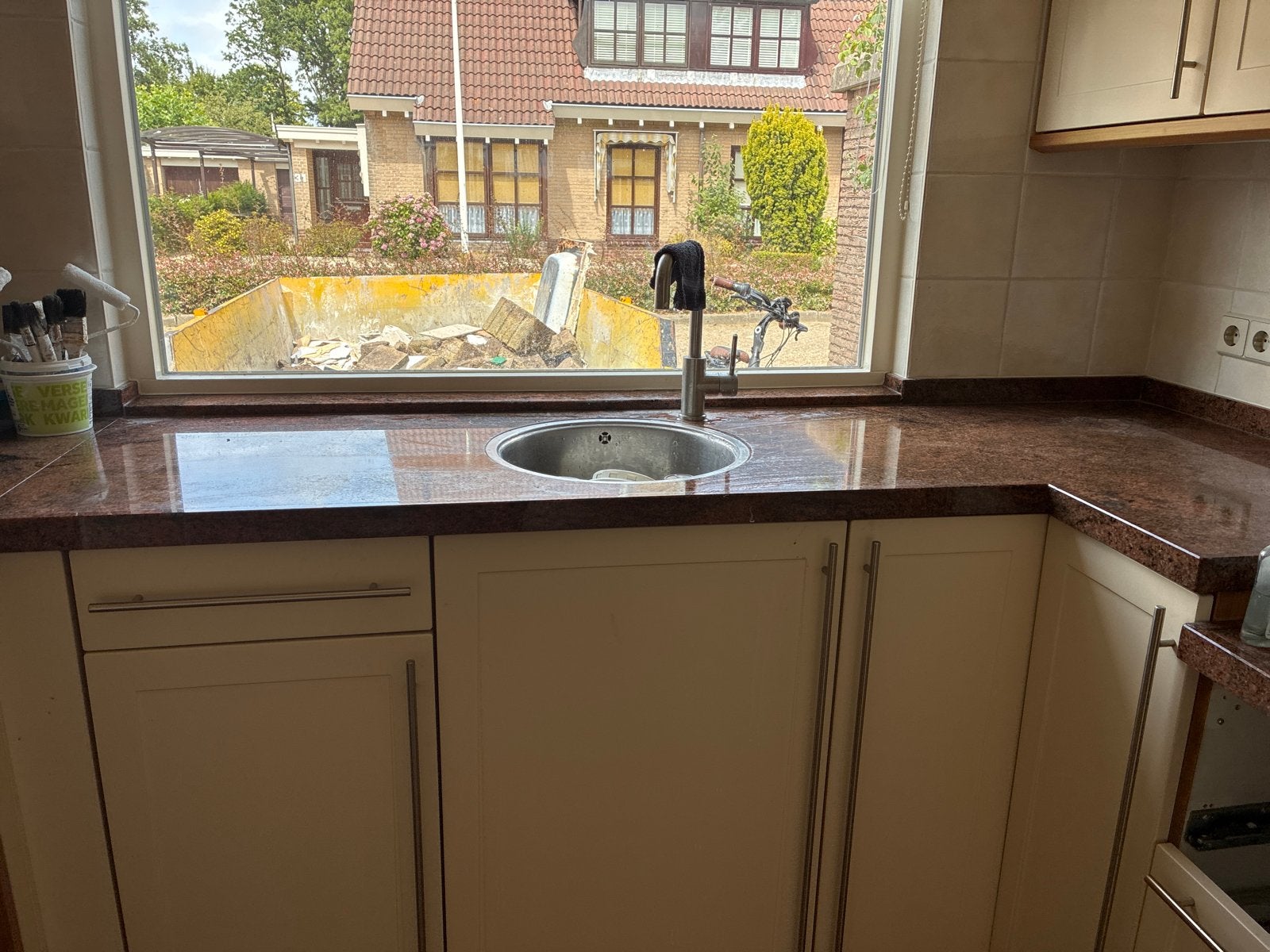 Hoek granieten blad, Huis en Inrichting, Keuken | Keukenelementen, Gebruikt, Minder dan 100 cm, 200 cm of meer, 50 tot 75 cm, Bruin
