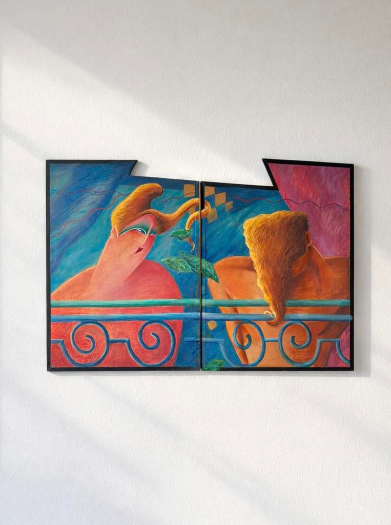 Vintage Postmodern Tweeluik Schilderij Expressionistisch, Ophalen of Verzenden